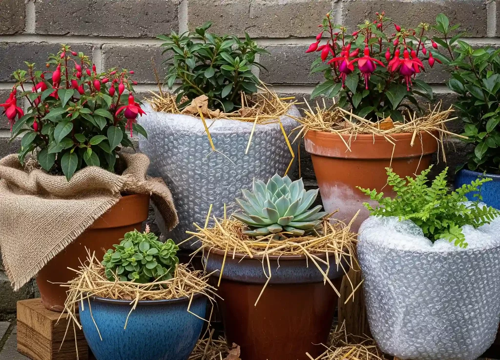 A practical visual guide demonstrating effective winter survival strategies for potted plants in colder climates. A collection of diverse potted plants is strategically grouped together against the sheltered north-facing wall of a building, forming a "pot-huddle." Various insulation methods are shown: some pots are wrapped in protective burlap or bubble wrap, while others have the gaps between them filled with loose shredded leaves or straw for added thermal mass. All pots are elevated on pot feet or wooden blocks to prevent direct contact with cold ground and ensure proper drainage, showcasing a comprehensive approach to protecting roots from freezing temperatures.
