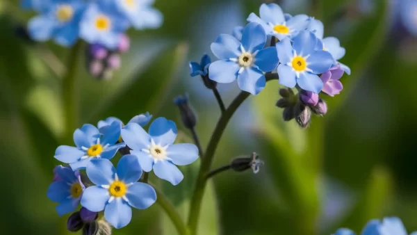 A Gardener's Guide to Forget-Me-Nots: Taming Their Wild Heart 5 A close-up photograph of vibrant sky-blue Woodland Forget-Me-Not (Myosotis sylvatica) flowers, each with a small yellow center, blooming abundantly in soft, diffused light. The delicate petals and the characteristic fuzzy leaves of this biennial plant are clearly visible, set against a softly blurred background that suggests a natural, partially shaded woodland garden. The image captures the charming wildness and natural beauty of these popular blue flowers.