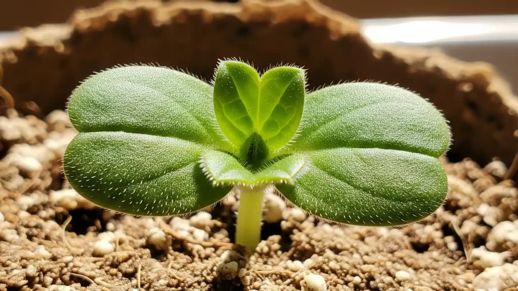 A detailed close-up of a tender, vibrant green Myosotis sylvatica forget-me-not seedling emerging from a sterile seed-starting mix within an indoor pot. The distinct fuzzy true leaves are clearly visible, accompanied by the smoother, rounded cotyledons, indicating healthy early growth under optimal indoor conditions.
