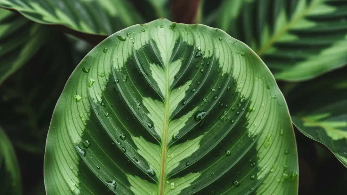 A macro, close-up photograph of a vibrant, healthy Calathea leaf. The leaf is a deep, rich green with a detailed, symmetrical pattern of lighter green and silver-white veins, showing no signs of browning or curling. The surface has a subtle, reflective sheen. The background is a soft, diffuse blur of other green plants, creating a lush, serene environment. The image emphasizes the beautiful, healthy foliage of a properly cared-for plant, illustrating the successful results of how to water Calathea correctly.