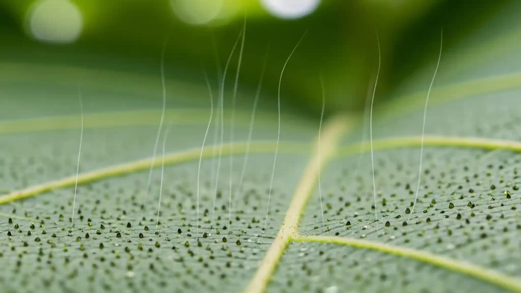  An extremely detailed, macro photograph showing the surface of a vibrant green tree leaf. The image is so close that it reveals the intricate network of veins and tiny, open pores, known as stomata. Small, almost invisible wisps of water vapor are depicted rising from these pores, visually representing the natural cooling process of evapotranspiration. This image provides a clear, scientific look at the mechanism behind how trees act as nature's air conditioners, a key process for strategic tree planting.