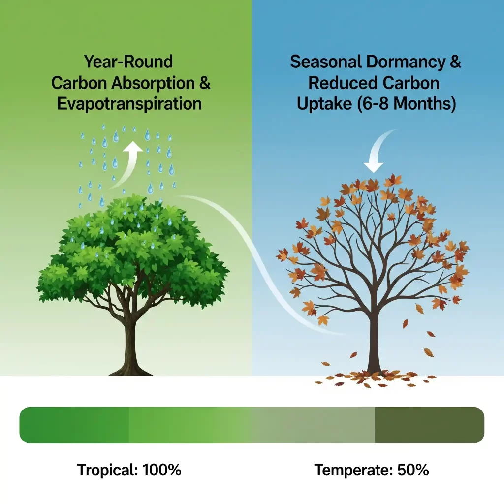 A concise, split-screen infographic visually comparing the climate benefits of tropical versus temperate trees. The left side features a perpetually green tropical tree with blue arrows indicating continuous water vapor release, representing year-round evapotranspiration. The right side shows a temperate tree with falling brown leaves, illustrating its seasonal dormancy and a shorter carbon sequestration period. A bar graph below reinforces the point, showing tropical trees at 100% effectiveness and temperate trees at roughly 50% for carbon uptake, highlighting the key difference in their climate impact.