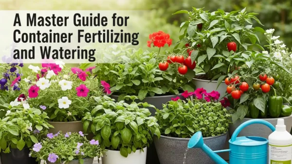 A Master Guide for Container Fertilizing and Watering 8 A vibrant cover image for an article on container gardening, showcasing healthy container plants and the tools for fertilizing and watering.