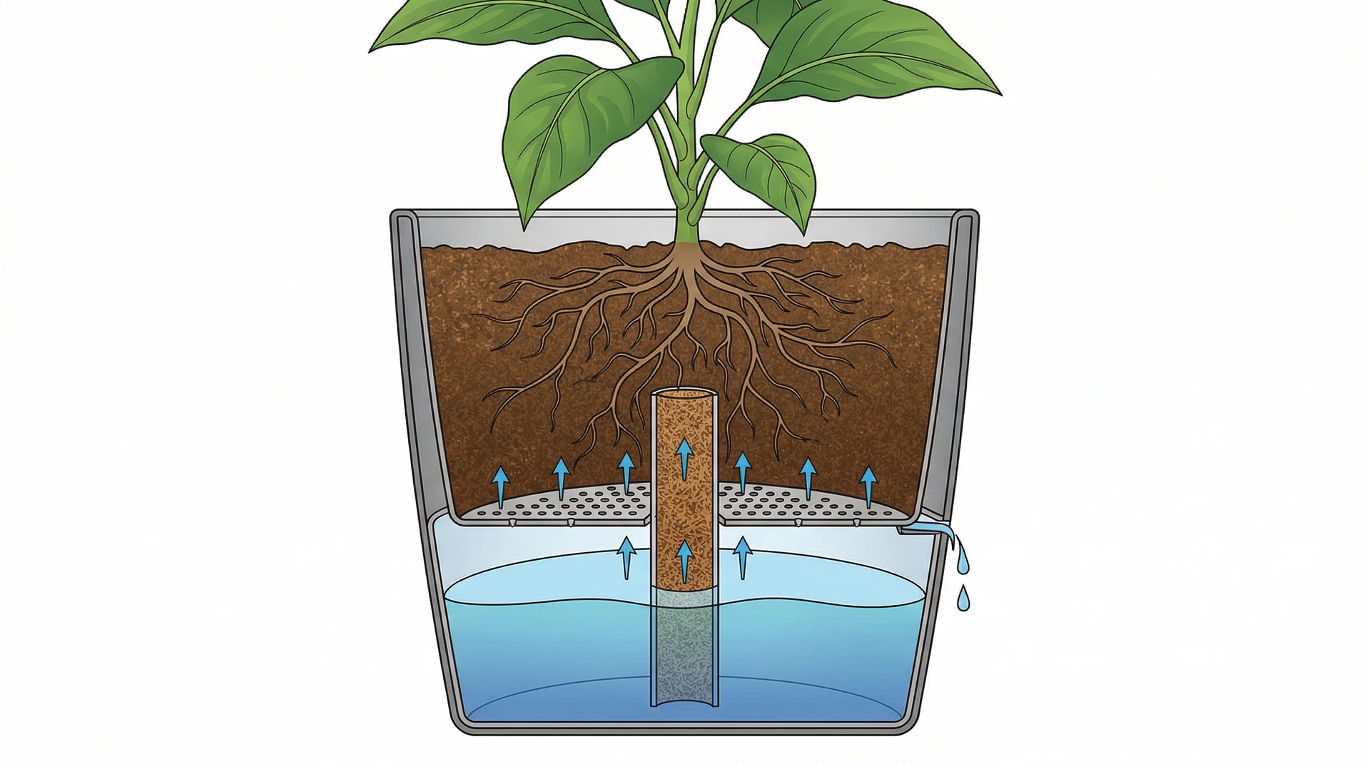 Container Vegetable Gardening: 15 Crops That Produce More Per Square Foot Than a Raised Bed 3 Cross-section diagram of a self-watering container showing reservoir, wicking platform, air gap, and root zone