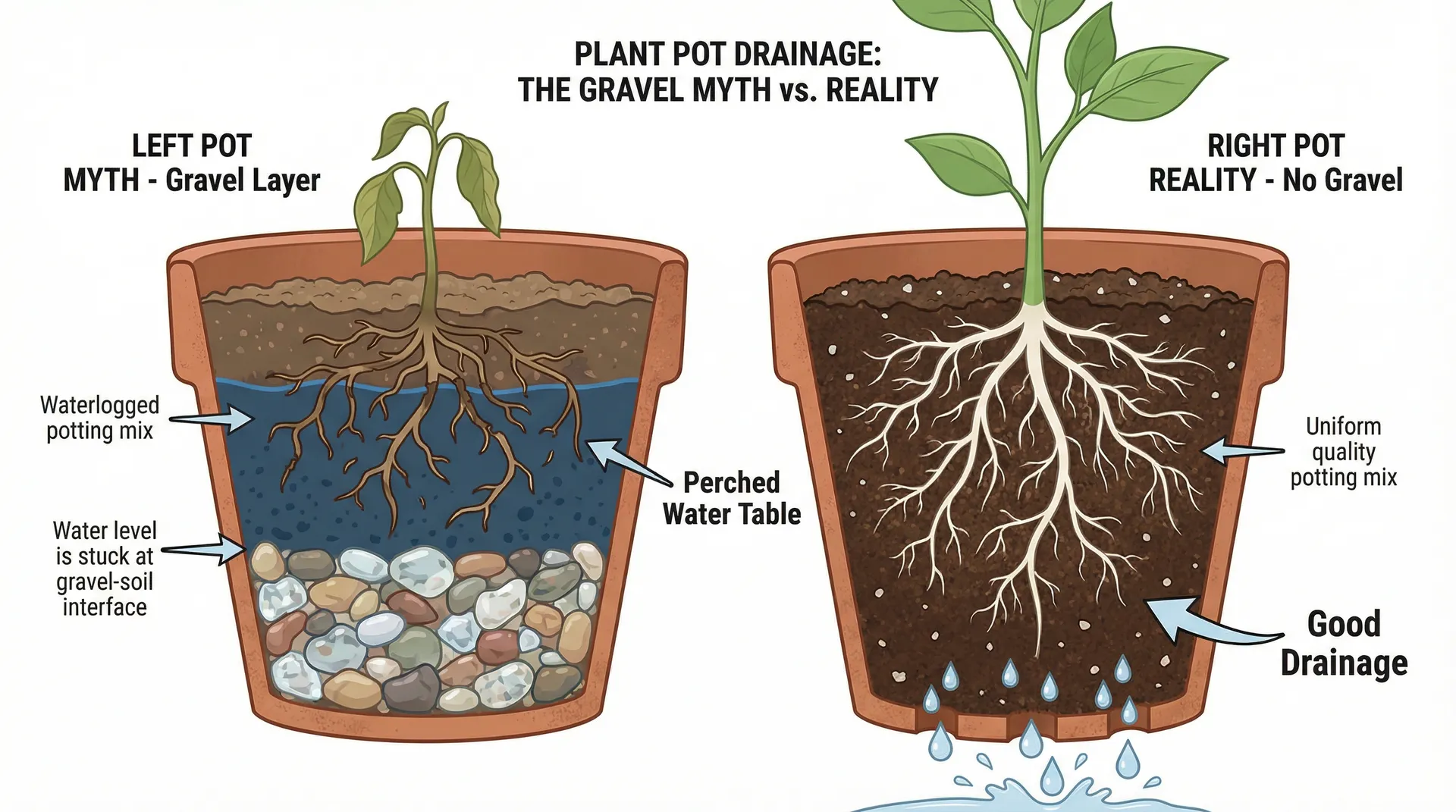 Gardening Myths Debunked: 20 Common Tips That Are Wrong, Outdated or Proven to Backfire 6 Cross-section diagram showing a pot with gravel creating a perched water table versus a pot with uniform potting mix and good drainage