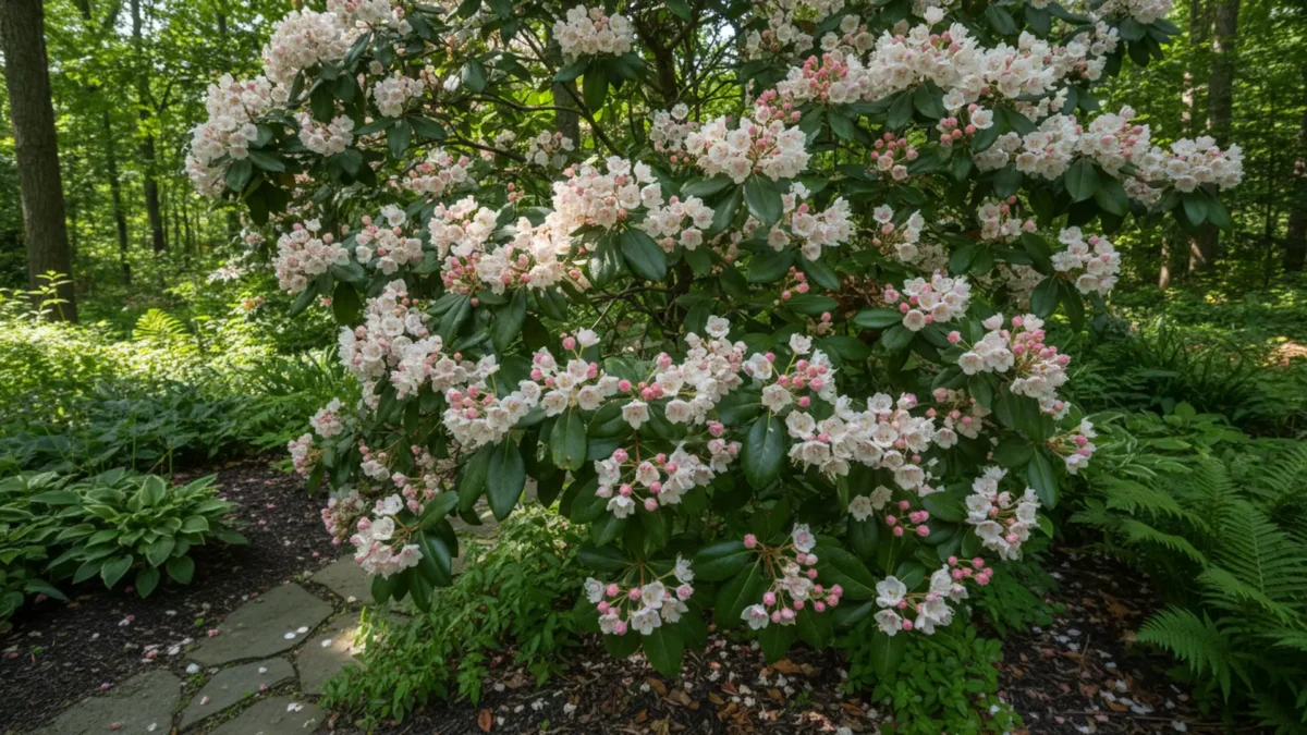Mountain Laurel: Complete Guide to Growing Kalmia latifolia 17 Mountain laurel (Kalmia latifolia) in full bloom with pink-white clustered flowers against dark green leaves