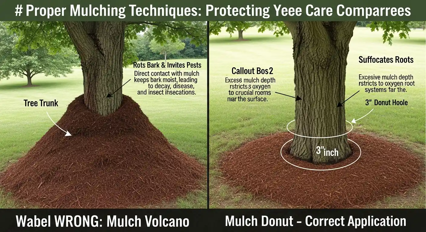 Comparison showing wrong volcano mulch piled against tree trunk versus correct flat mulch with gap at base
