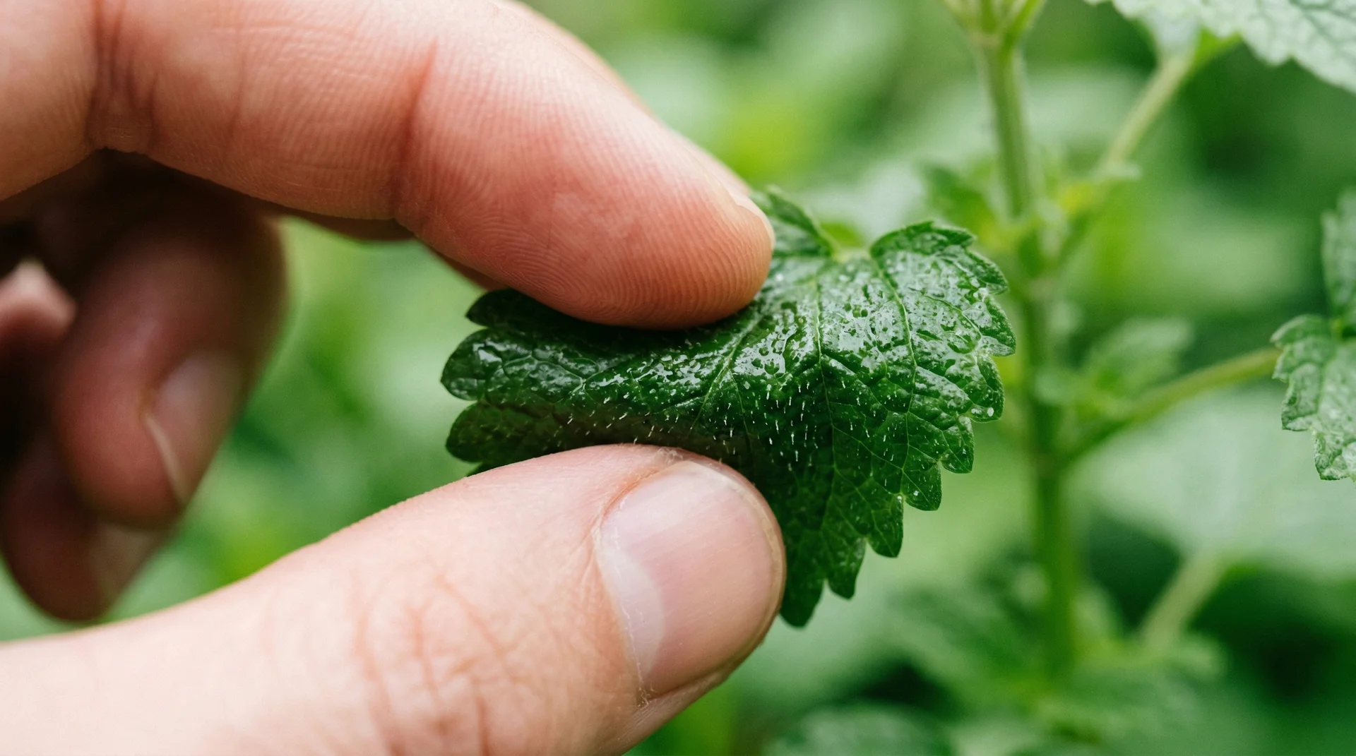 Close-up of lemon balm leaves being crushed to release mosquito-repellent oils