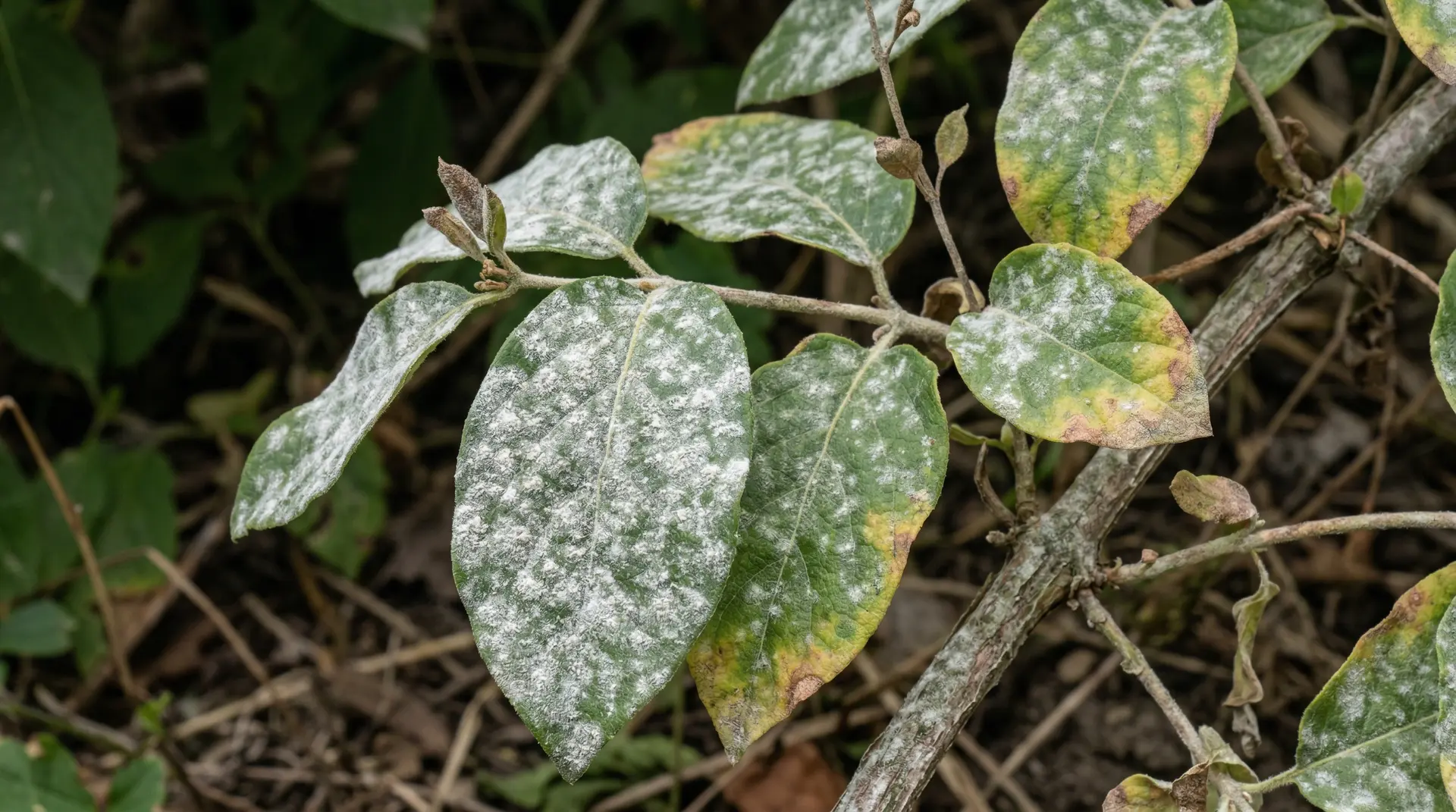 Honeysuckle Problems: Aphid Colonies, Powdery Mildew Triggers and Why It Stops Flowering 3 Powdery mildew coating on honeysuckle leaves growing in dry shade, showing white fungal growth across leaf surfaces