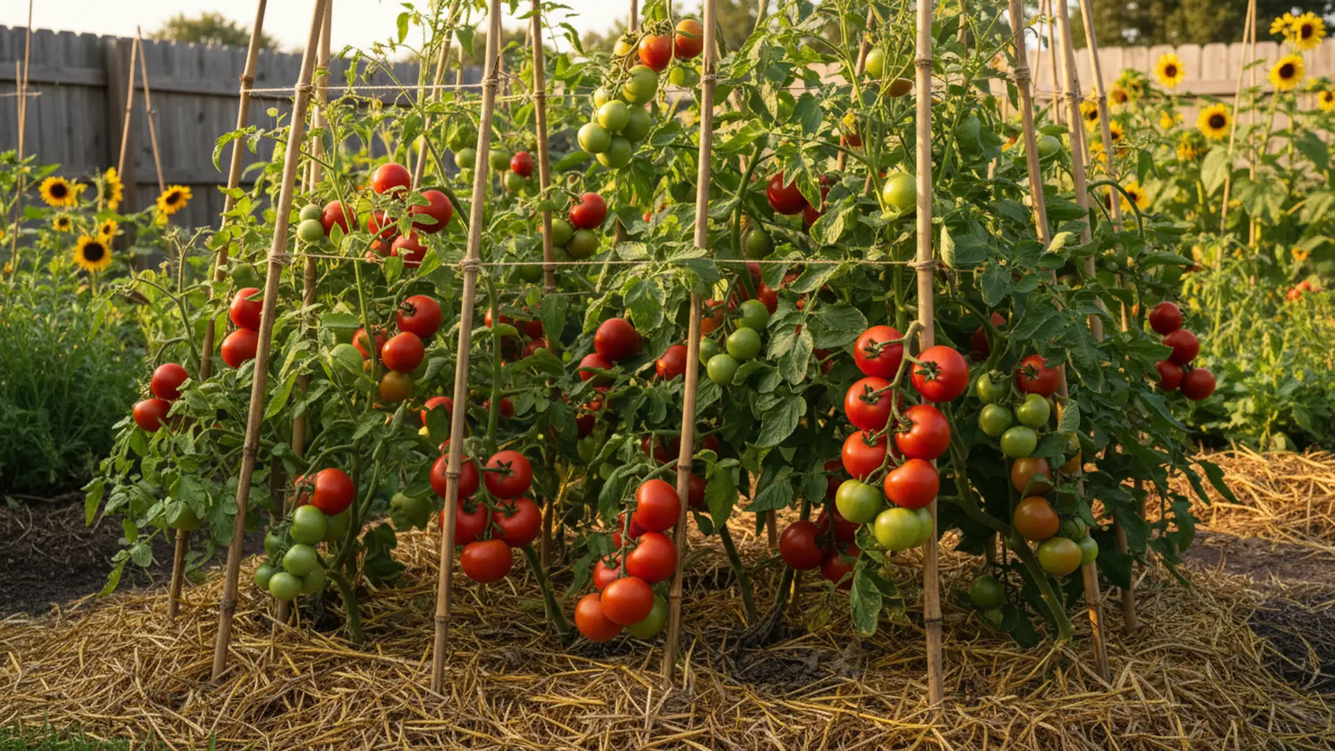 Tomato plants staked in a garden