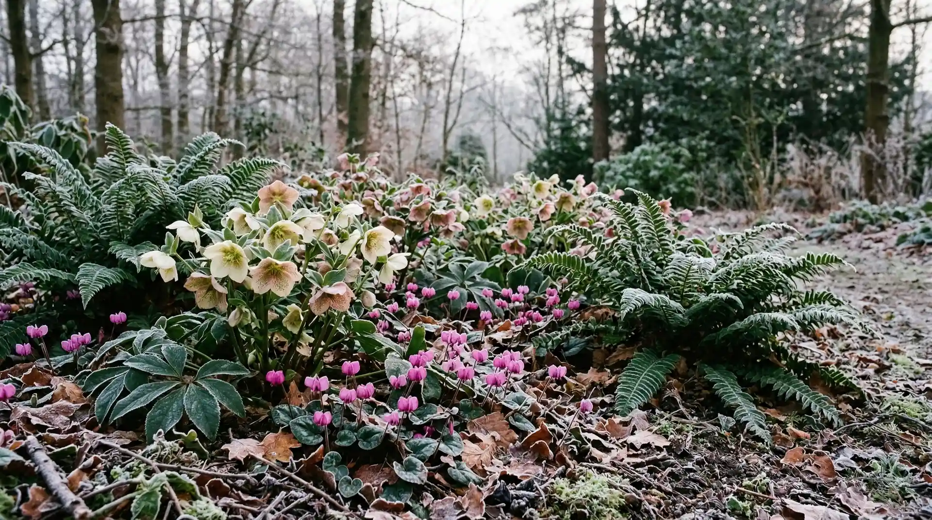 Best Plants for Shade: 20 Flowers and Shrubs That Thrive Without Direct Sun 2 Winter shade garden with hellebore cyclamen and evergreen ferns providing colour in winter