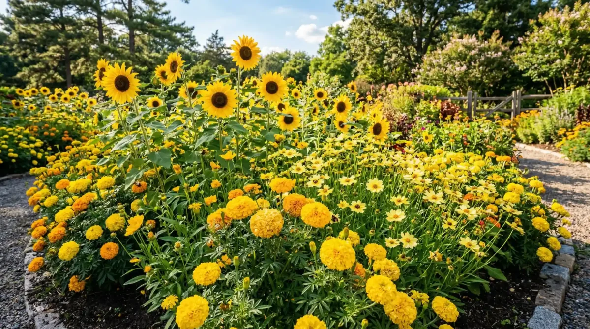 Cheerful garden bed bursting with yellow sunflowers, marigolds and coreopsis in full bloom