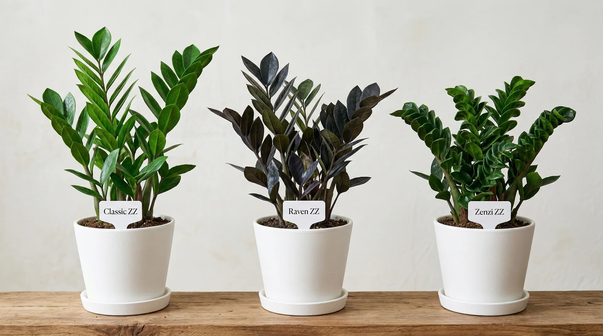 Side-by-side comparison of Classic ZZ, Raven ZZ, and Zenzi ZZ plant varieties