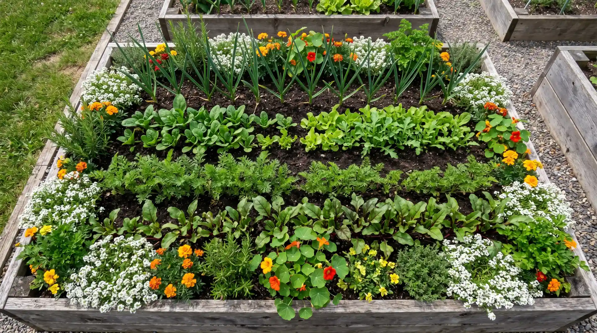 Companion Plants for Beets: 7 Pairings That Deter Leaf Miners and Boost Root Development 2 Top-down layout of a beet companion planting bed showing garlic, lettuce, and sweet alyssum arranged around beet rows