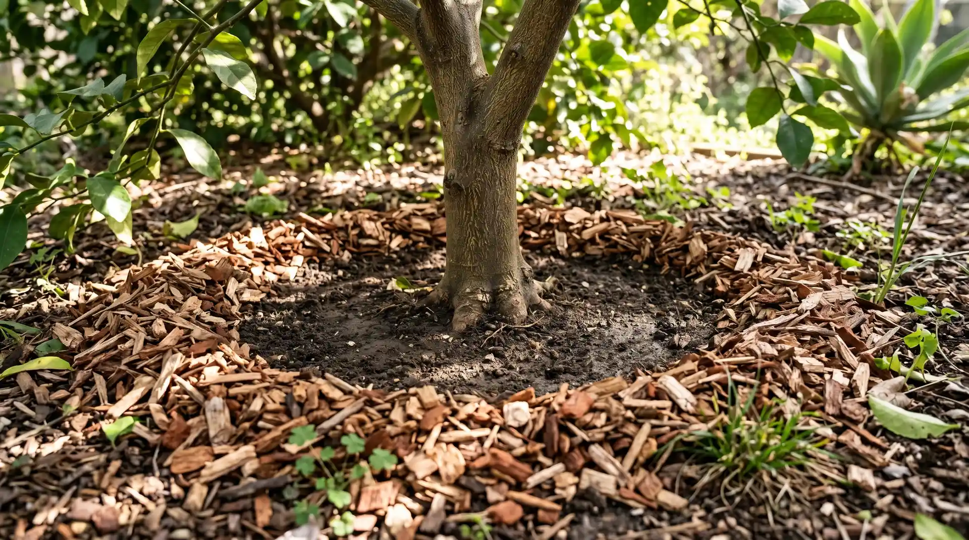 Mulch applied to citrus tree with visible trunk clearance gap