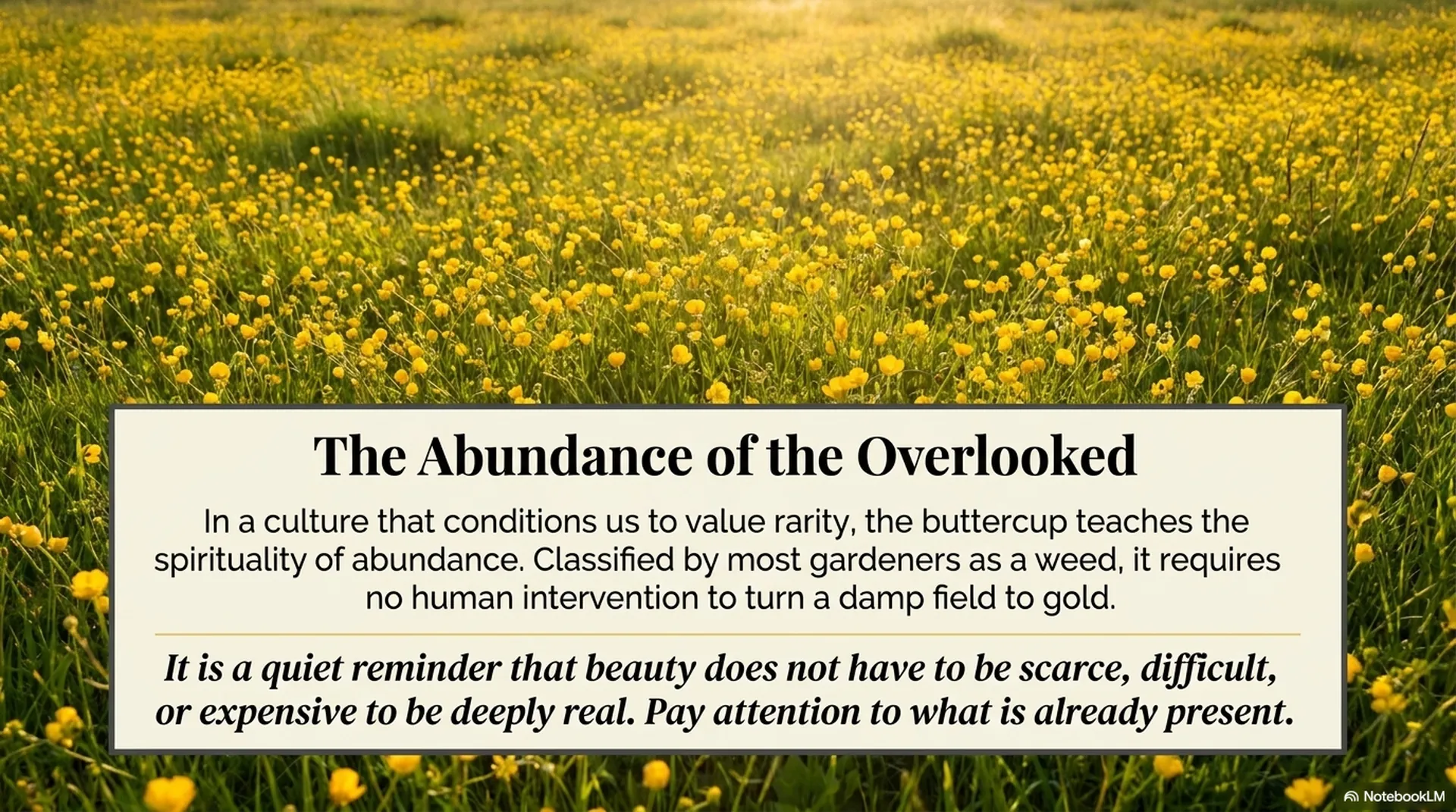 Meadow of golden buttercups in soft sunlight illustrating the spiritual abundance and overlooked beauty of common wildflowers