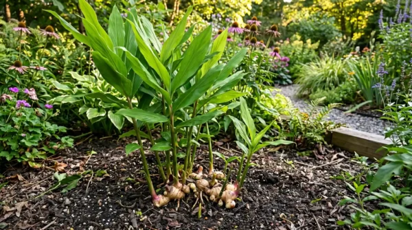 Ginger plant growing in a Zone 7 garden bed with lush foliage in late summer
