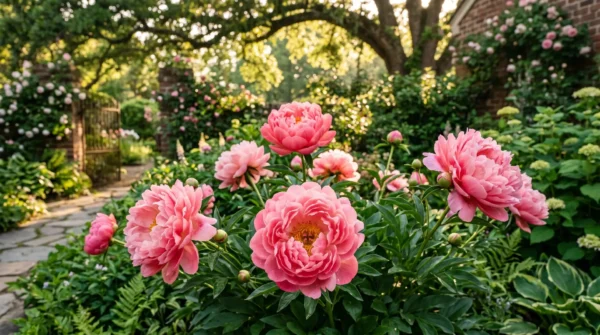 Pink peony blooms growing in a Zone 9 garden with warm morning light