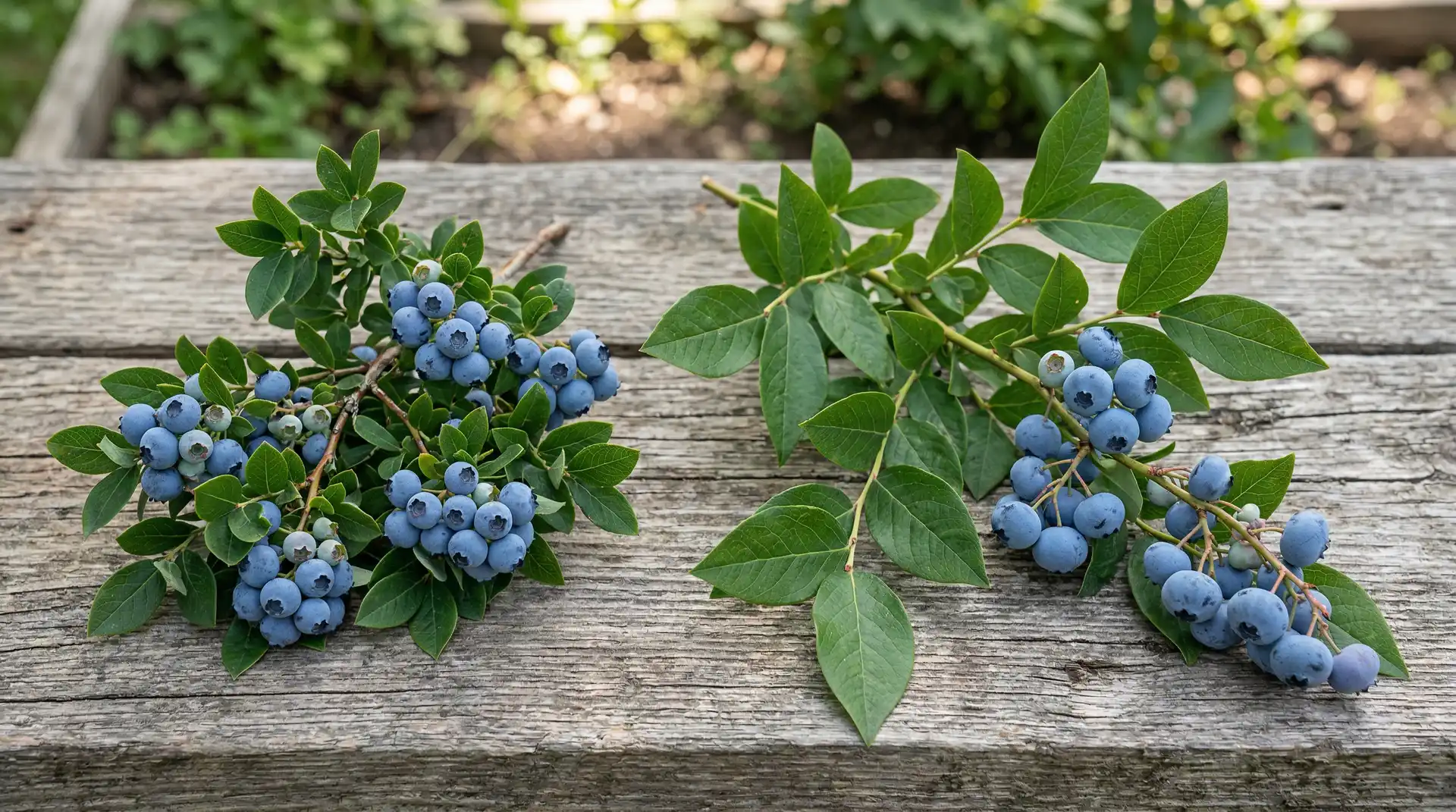 Compact blueberry branch with small dense leaves beside standard highbush blueberry branch with larger leaves