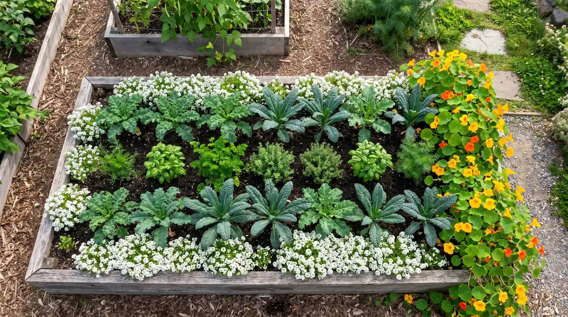 Overhead view of a kale raised bed with companion plants — herbs inside the bed and nasturtiums along the perimeter as trap crops