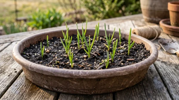 Young garlic shoots emerging from a deep container pot on a patio deck in early spring