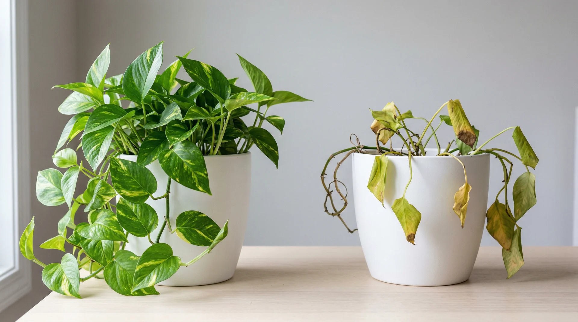 Healthy pothos with full green leaves beside affected pothos with yellowing sparse dropping leaves