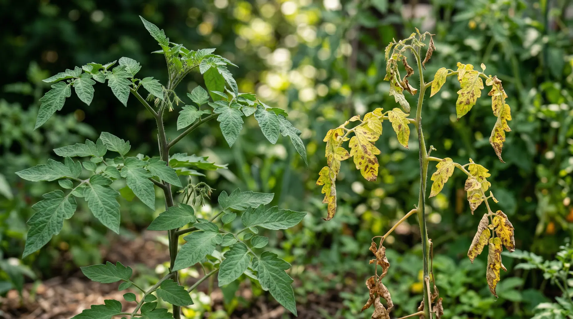 Why Are Your Tomato Leaves Dropping? (7 Causes and the Fix for Each) 2 Healthy tomato branch compared to a branch with yellowing and dropping leaves