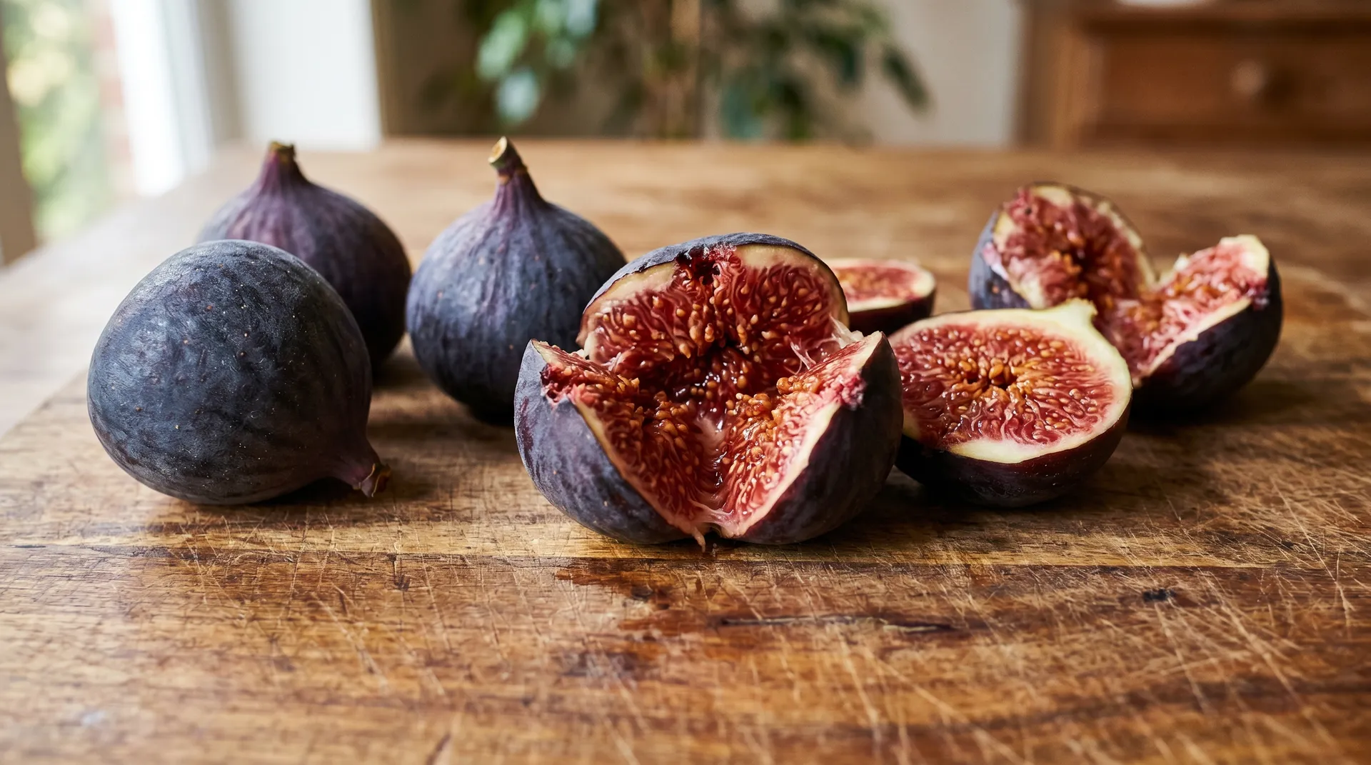 Ripe figs split open on a wooden board showing deep pink-red sweet interior with seeds