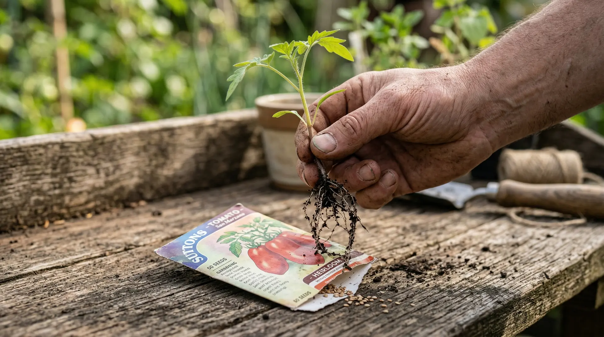 Seed Starting vs Buying Transplants: What $50 of Seeds Actually Gets You 2 A hand holding a bare-root vegetable seedling next to an open seed packet showing the choice between transplants and seeds