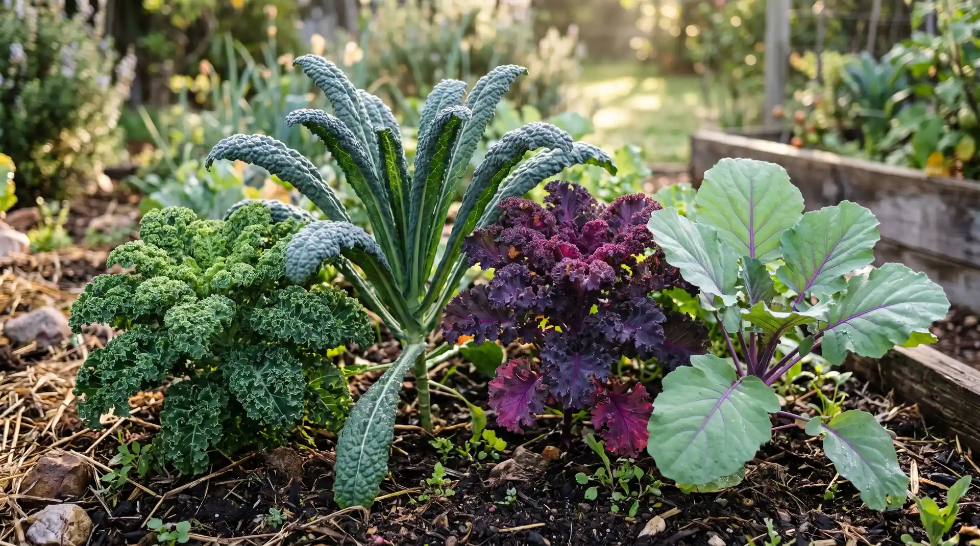 Four kale varieties growing side by side in a garden bed showing differences in leaf shape, size, and color