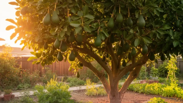 Mature avocado tree with ripe fruit growing in a zone 9 California garden