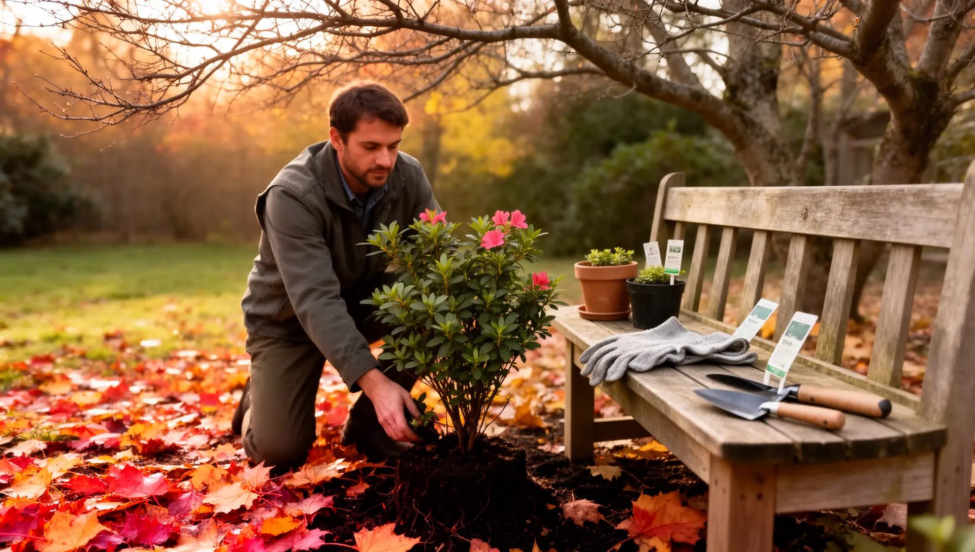 Gardener planting a zone 5 azalea in the fall planting window