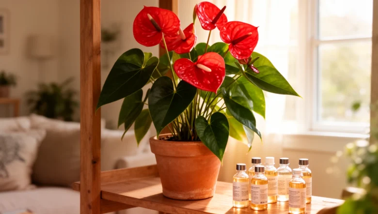 Best fertilizer for anthurium 2026 — anthurium plant with red spathes next to liquid fertilizer bottles