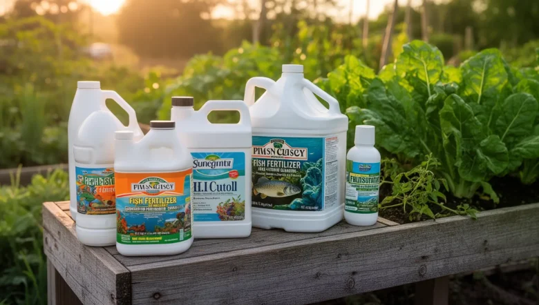 Best fish fertilizers 2026 — bottles and containers displayed on a garden potting bench with vegetable plants in the background