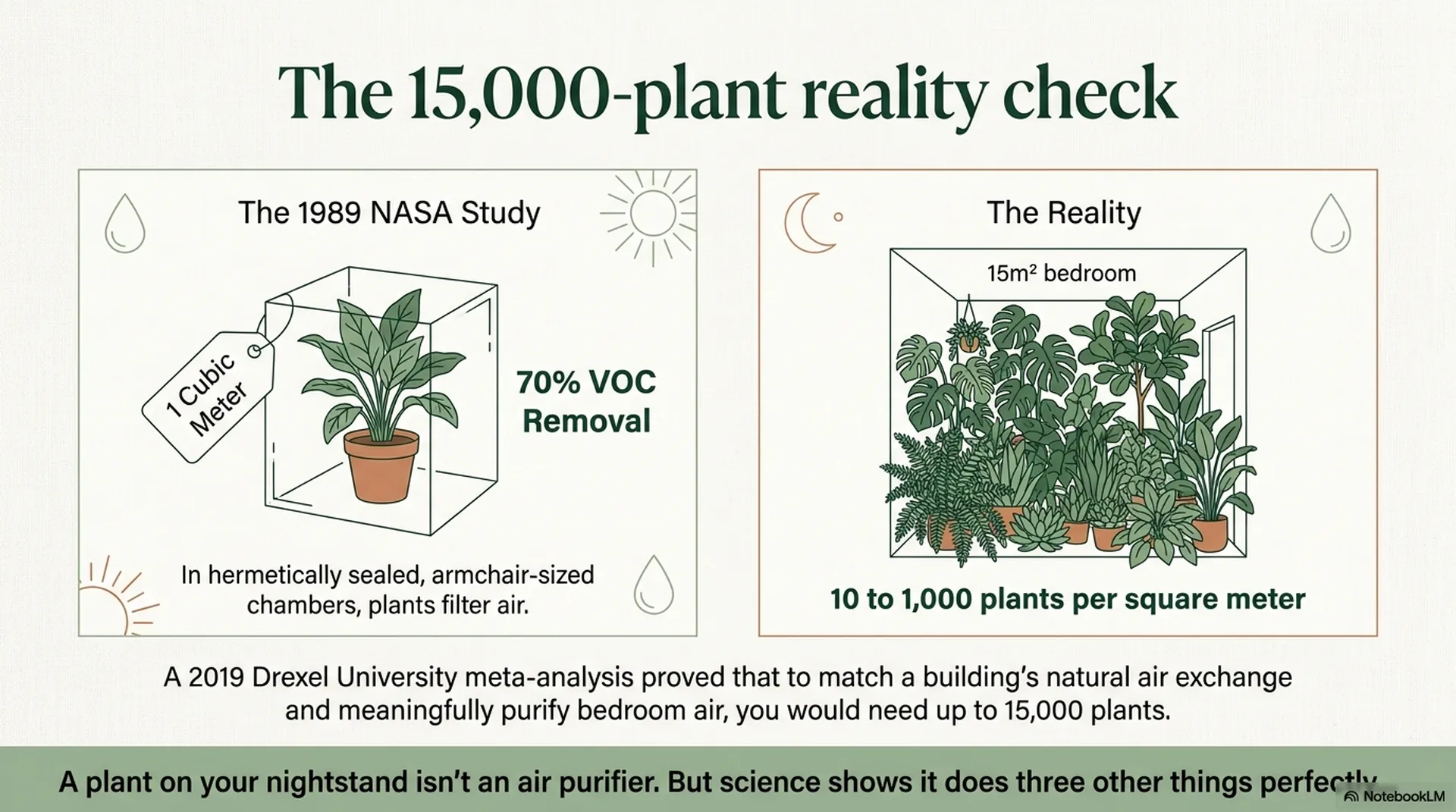 12 Best Bedroom Plants for Better Sleep: Which Actually Filter Air vs Which Just Look Good 6 Bedroom plants air purification reality check comparing 1989 NASA chamber study with 2019 Drexel meta-analysis findings