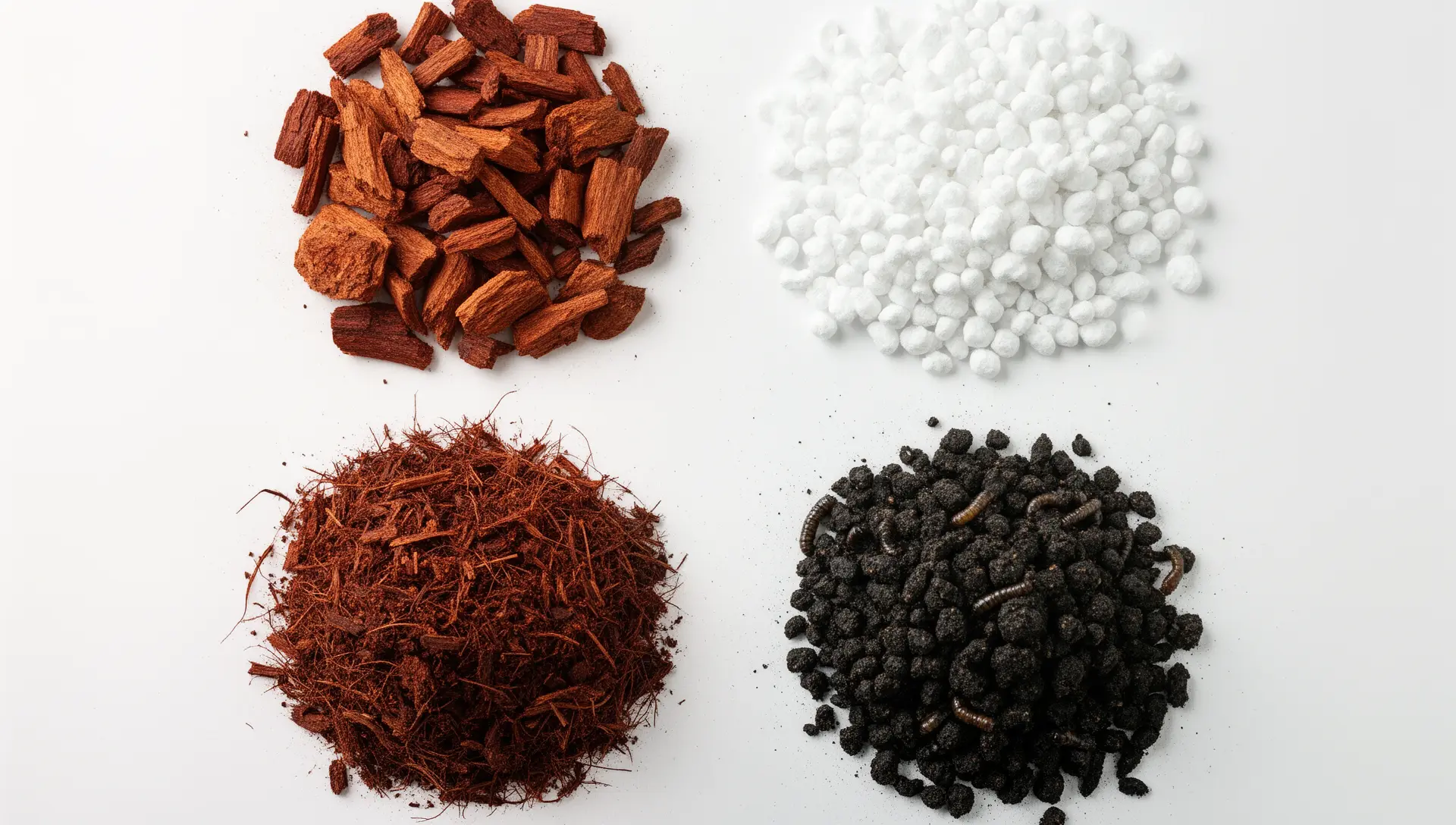 Four aroid mix ingredients: orchid bark, perlite, coco coir, and worm castings shown side by side