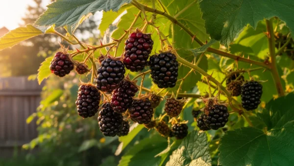 Zone 7 Blackberry Calendar: Plant Bare-Root Canes in February–March, Harvest in June–August 5 Ripe blackberries hanging from canes in a zone 7 backyard garden