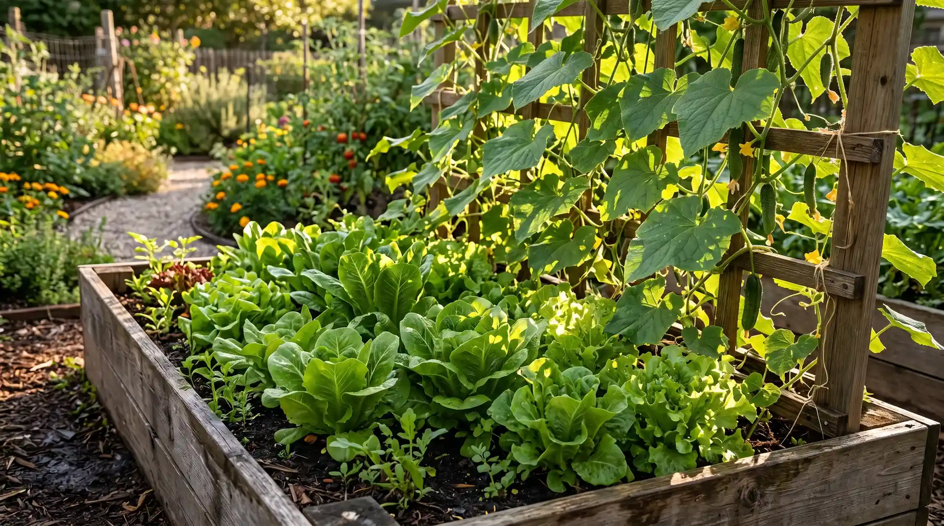 Lettuce growing in filtered afternoon shade provided by a cucumber trellis companion plant