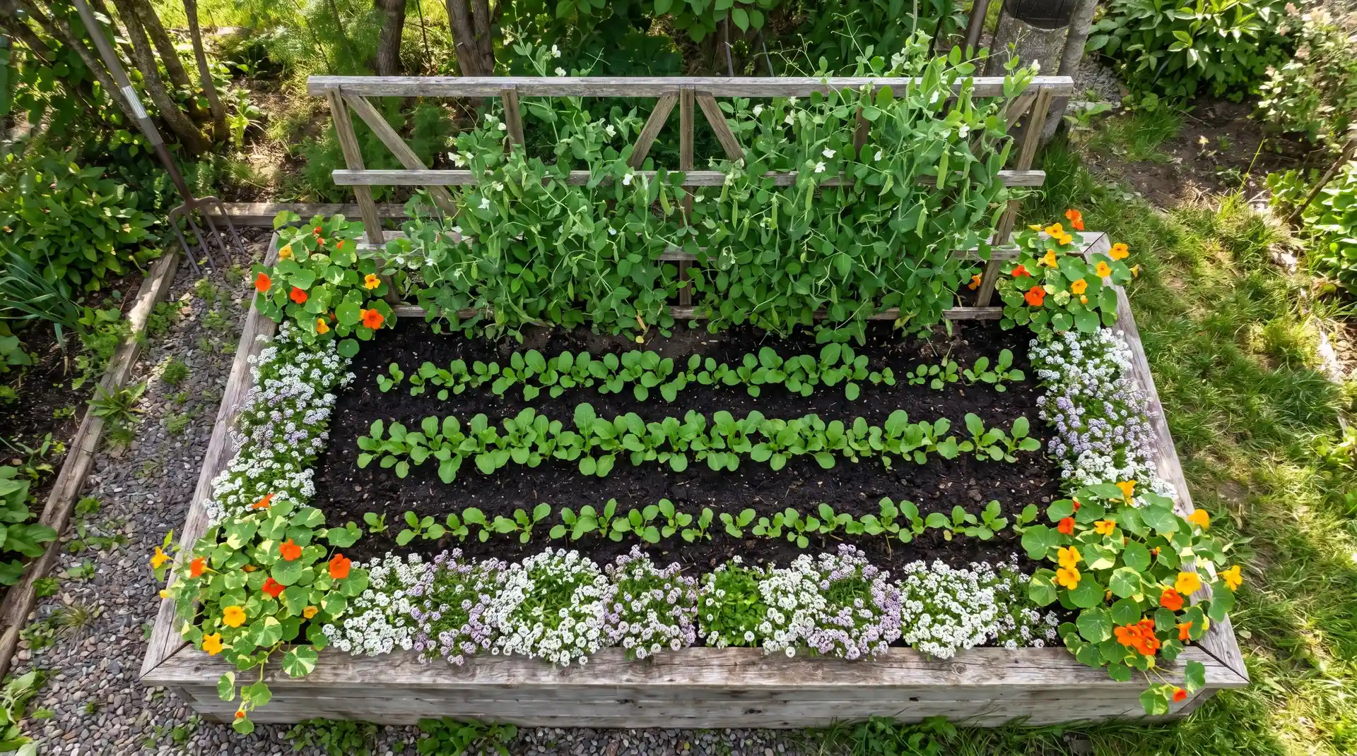 Overhead view of a companion planting layout for turnips showing sweet alyssum borders, nasturtiums at corners, and pea trellis