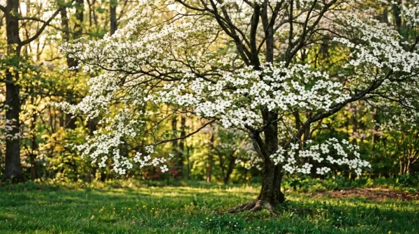 Mature flowering dogwood tree covered in white bracts in a woodland garden in spring