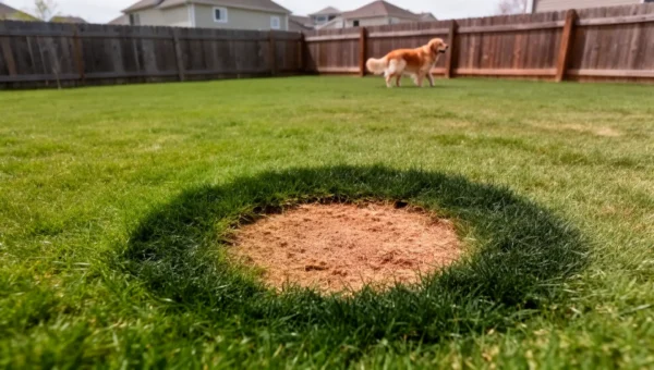 Dog urine spot on lawn showing circular brown dead patch surrounded by dark green ring