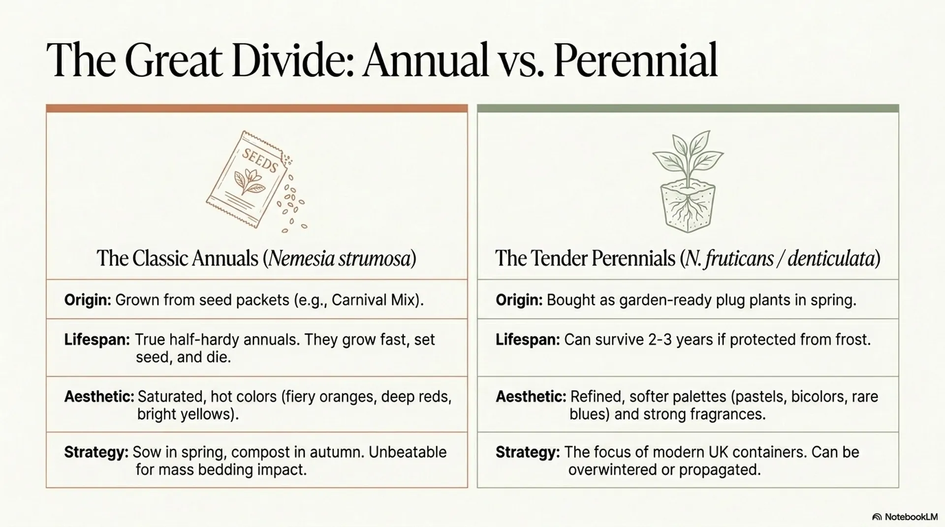 Nemesia Growing Guide: Best Varieties for Pots, Deadheading Tips and How to Get a Second Flush 7 Nemesia annual vs perennial comparison table contrasting strumosa seed-grown classics with tender hybrid plug plants