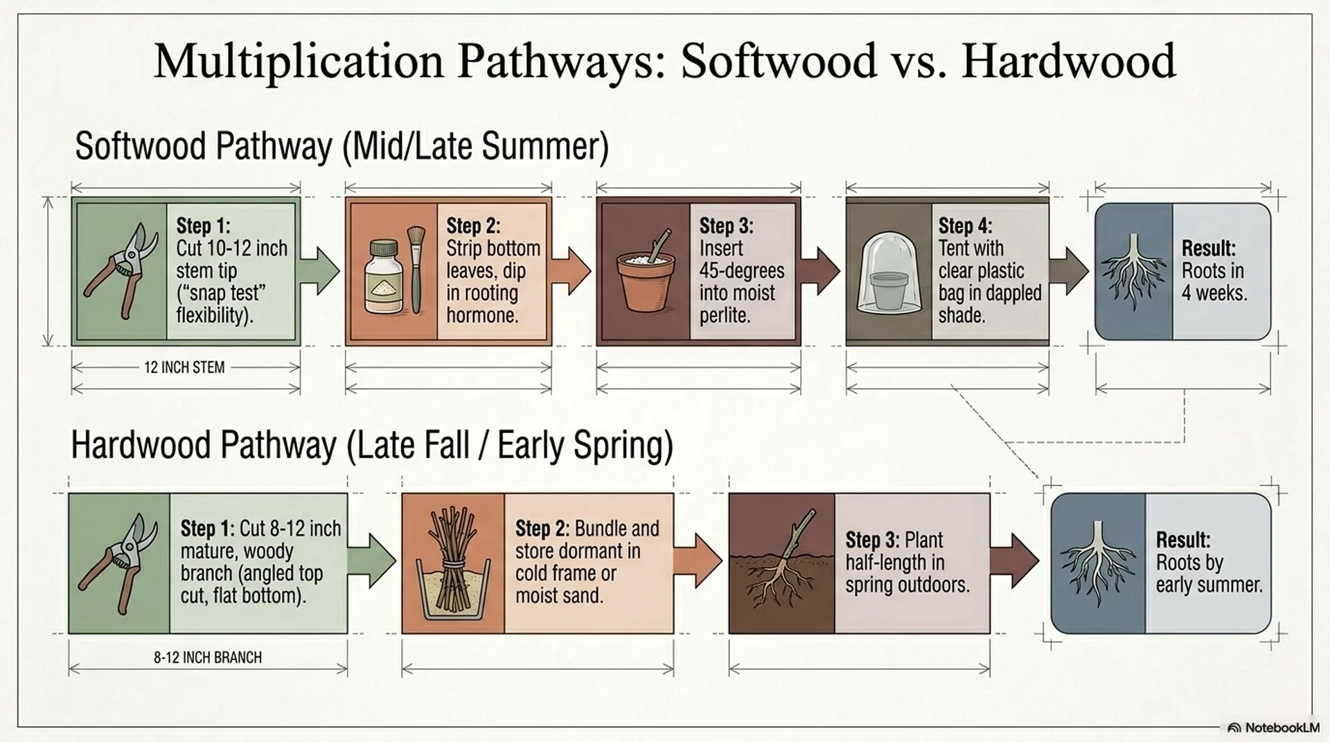 Spirea propagation flowchart contrasting softwood cuttings in summer with hardwood cuttings in late fall through spring