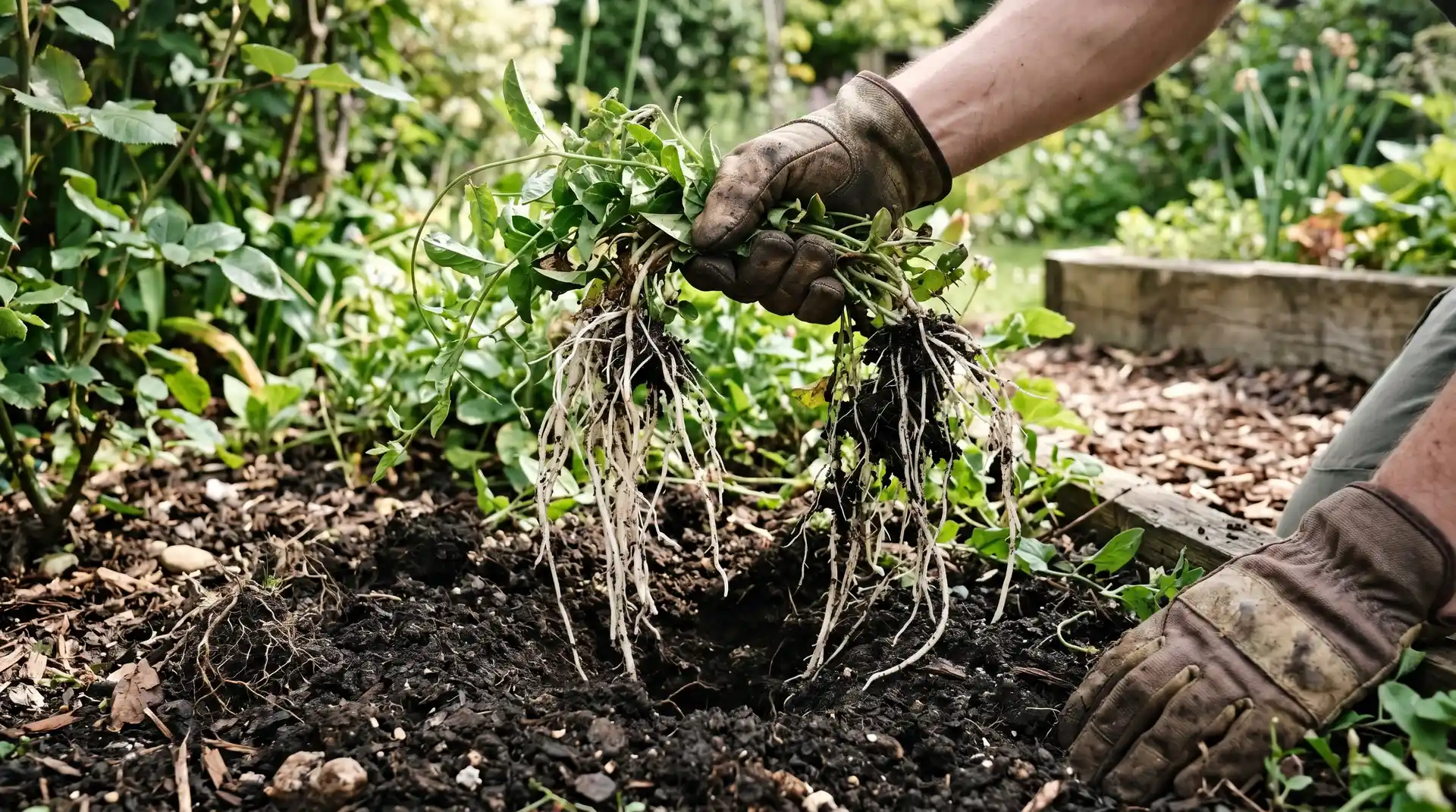 Gloved hand pulling bindweed from garden soil revealing long white root system