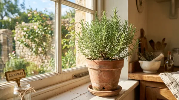 Rosemary plant in a terracotta pot on a sunny south-facing kitchen windowsill