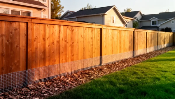 The L-Footer Fence Fix: How to Stop Dogs From Digging Out in One Afternoon 6 L-footer fence installation along a wooden backyard fence with hardware cloth and mulch cover
