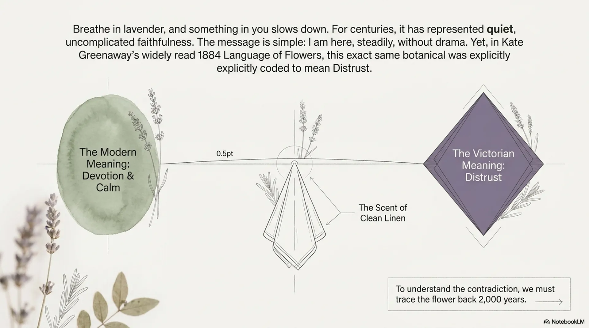 Lavender meaning duality balance illustration showing modern devotion calm versus Victorian distrust interpretation