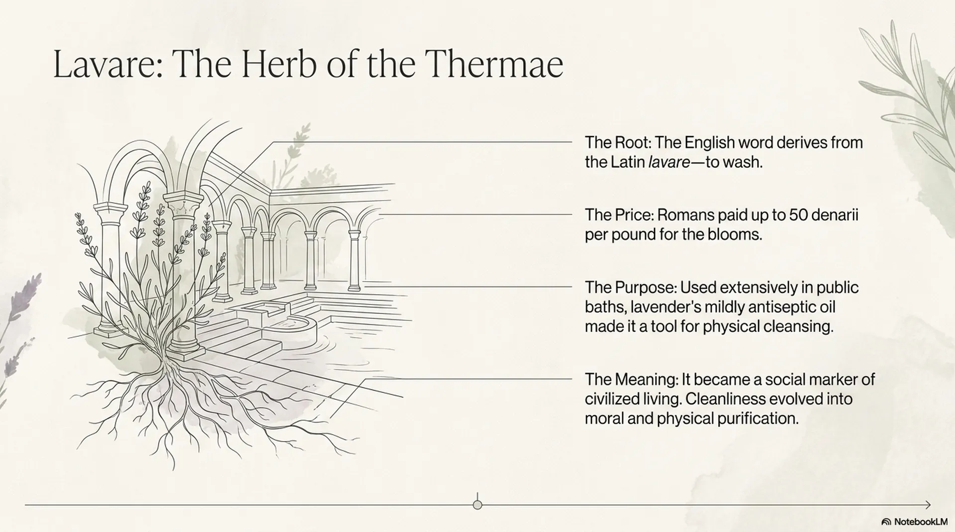 Roman thermae bath illustration explaining lavender etymology lavare with price purpose and meaning callouts