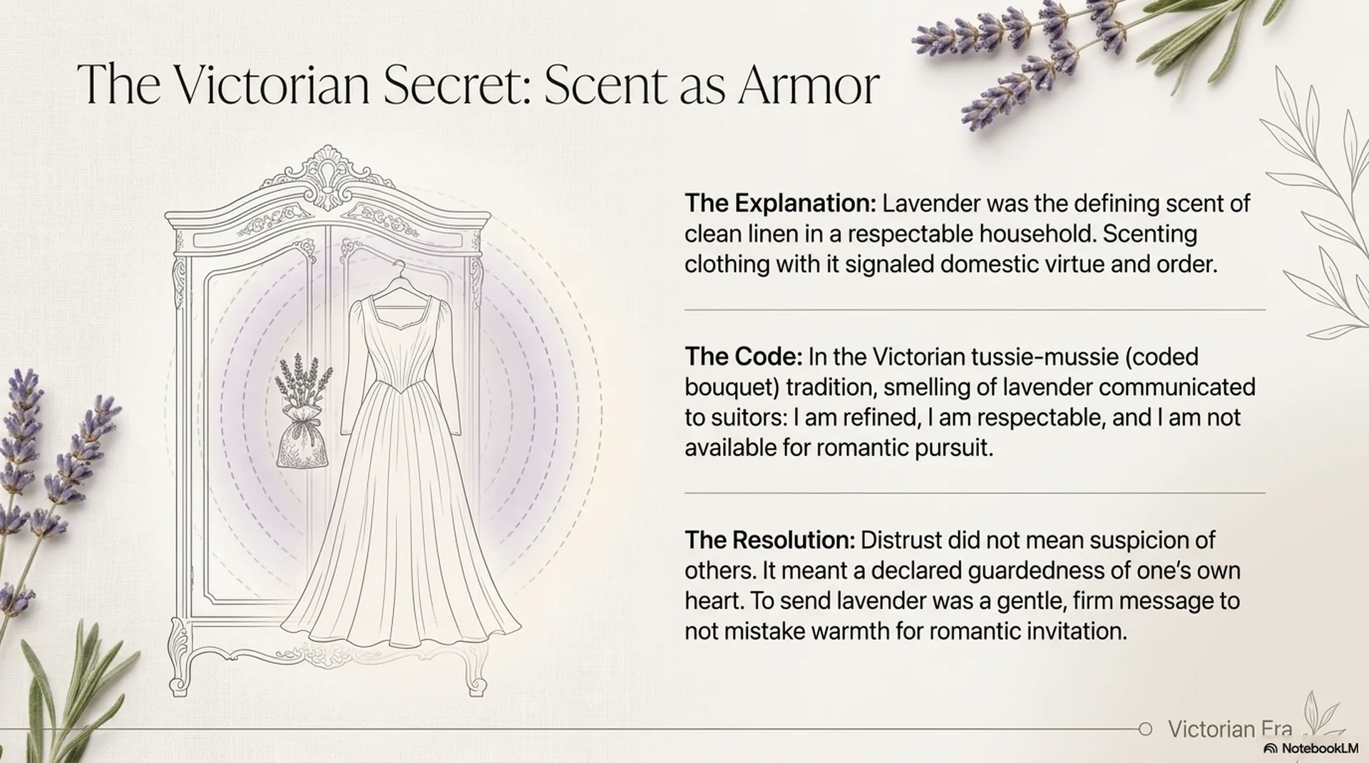 Victorian wardrobe lavender sachet illustration explaining scent as armor signaling refinement and not available for romance