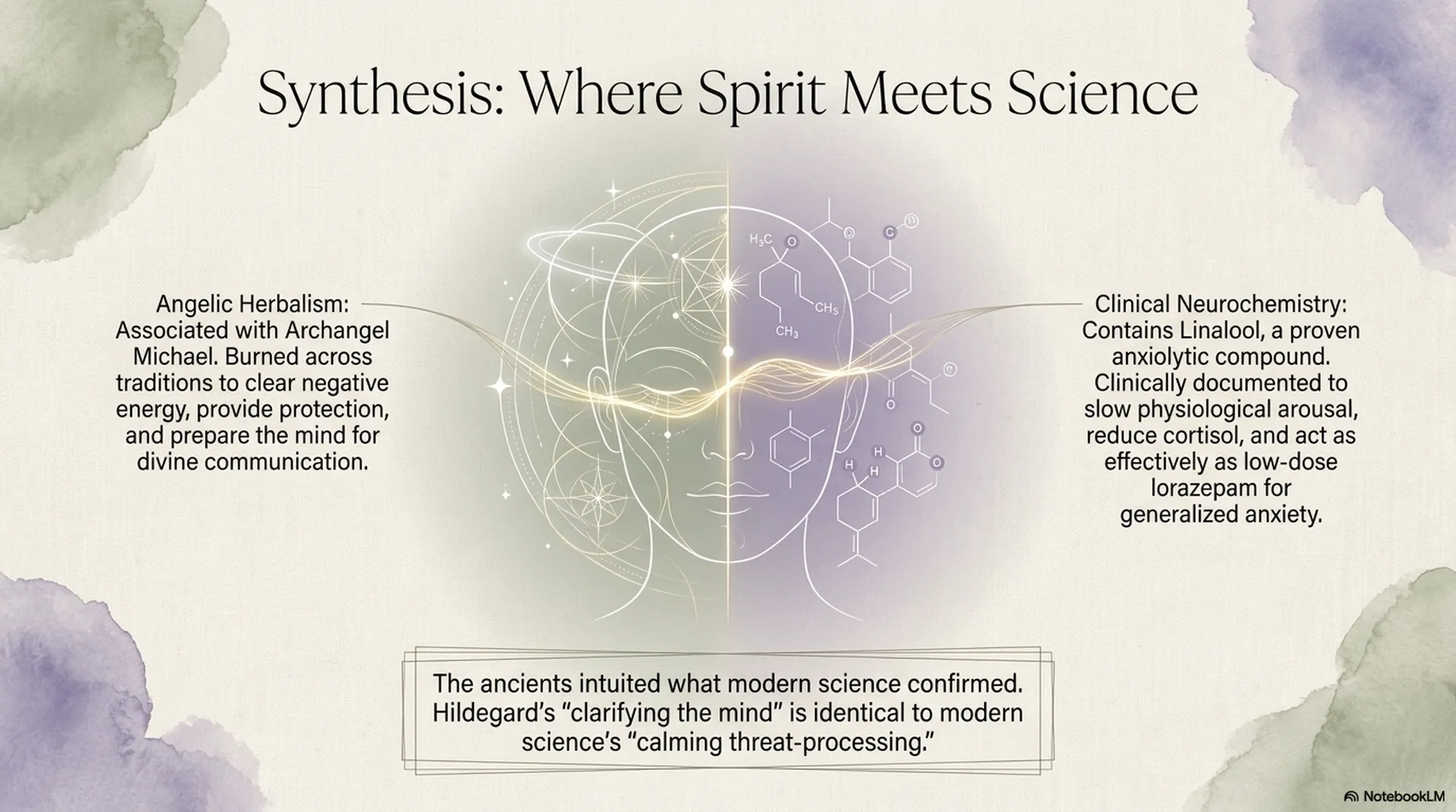 Lavender spirit meets science synthesis showing Archangel Michael angelic herbalism alongside linalool clinical neurochemistry